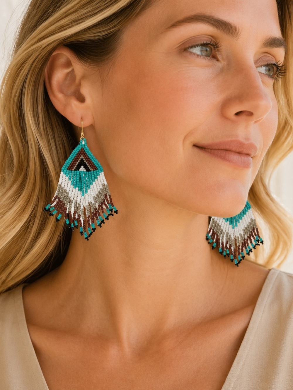 Turquoise Gold Beaded Fringe Earrings Boho Western Cowgirl Tribal Handmade